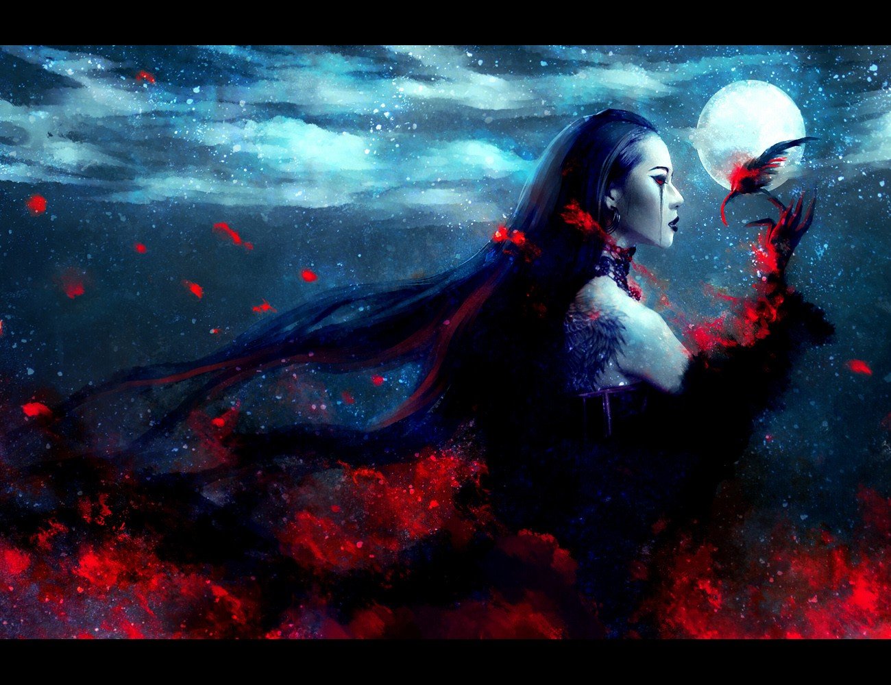 red eyes, Feathers, Moon, NanFe Wallpaper