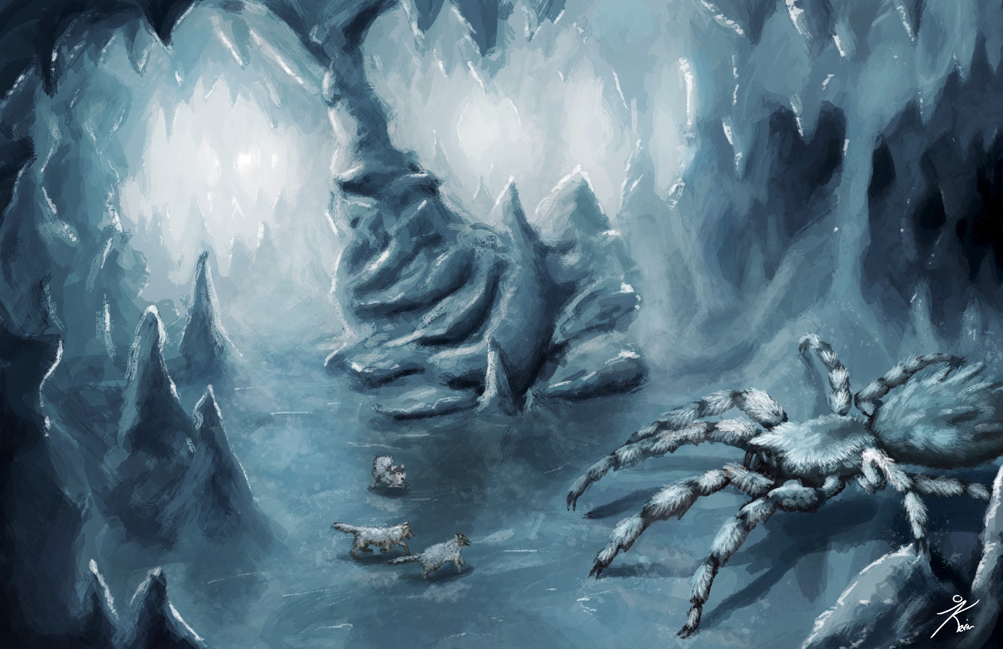 creature, Ice, Spider, Wolf, Cave, Blue, Drawing Wallpapers HD