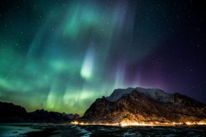 aurorae, Stars, Night, Mountain, Lights, Snowy peak