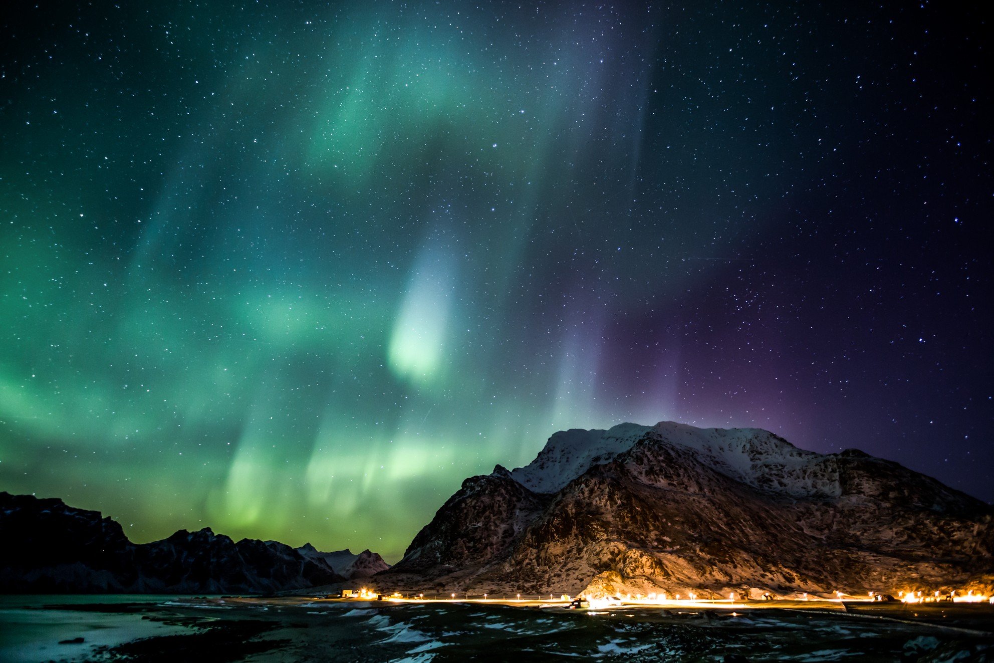 aurorae, Stars, Night, Mountain, Lights, Snowy peak Wallpaper