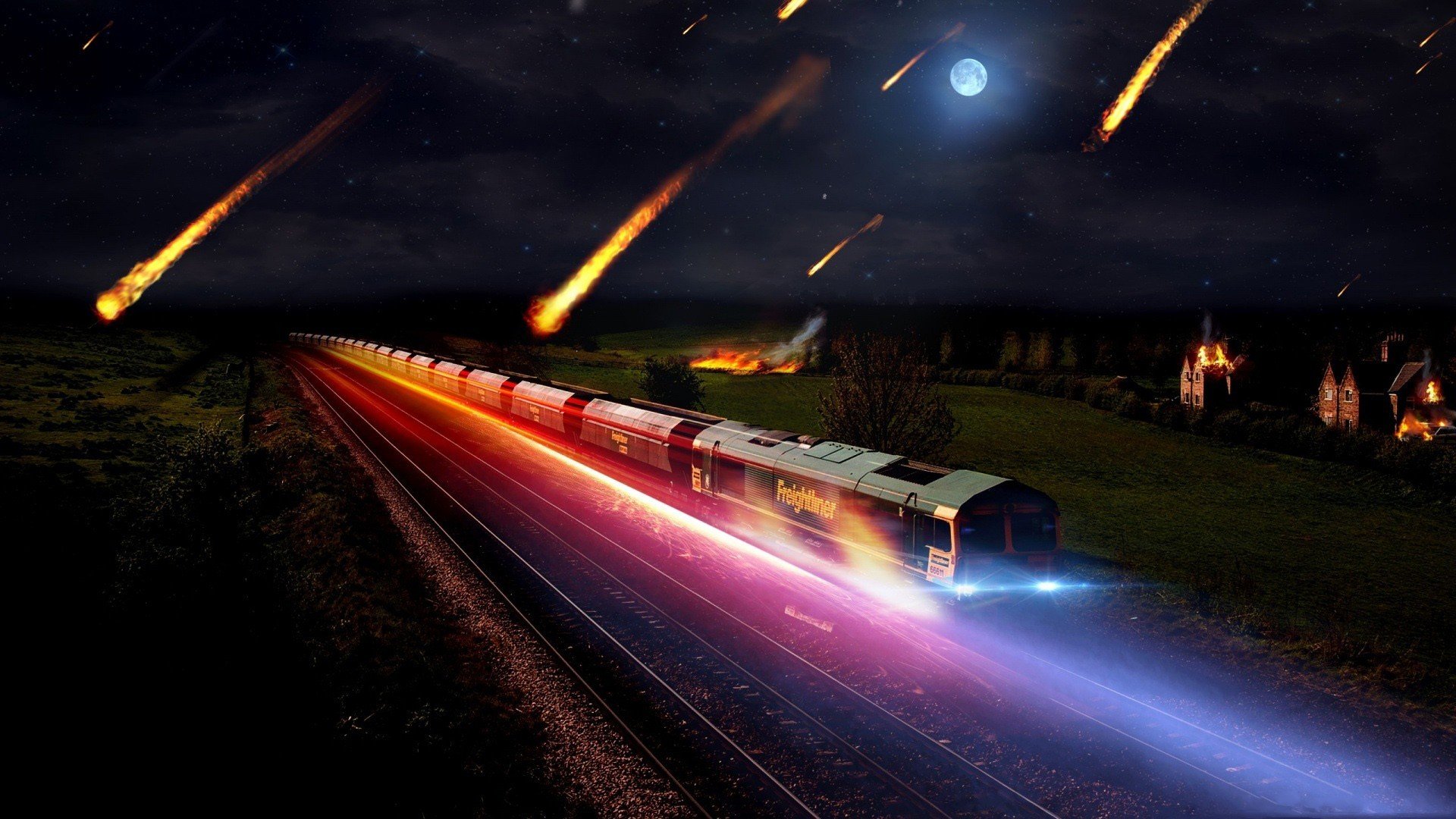 train, Tracks, Railway, Meteors Wallpaper