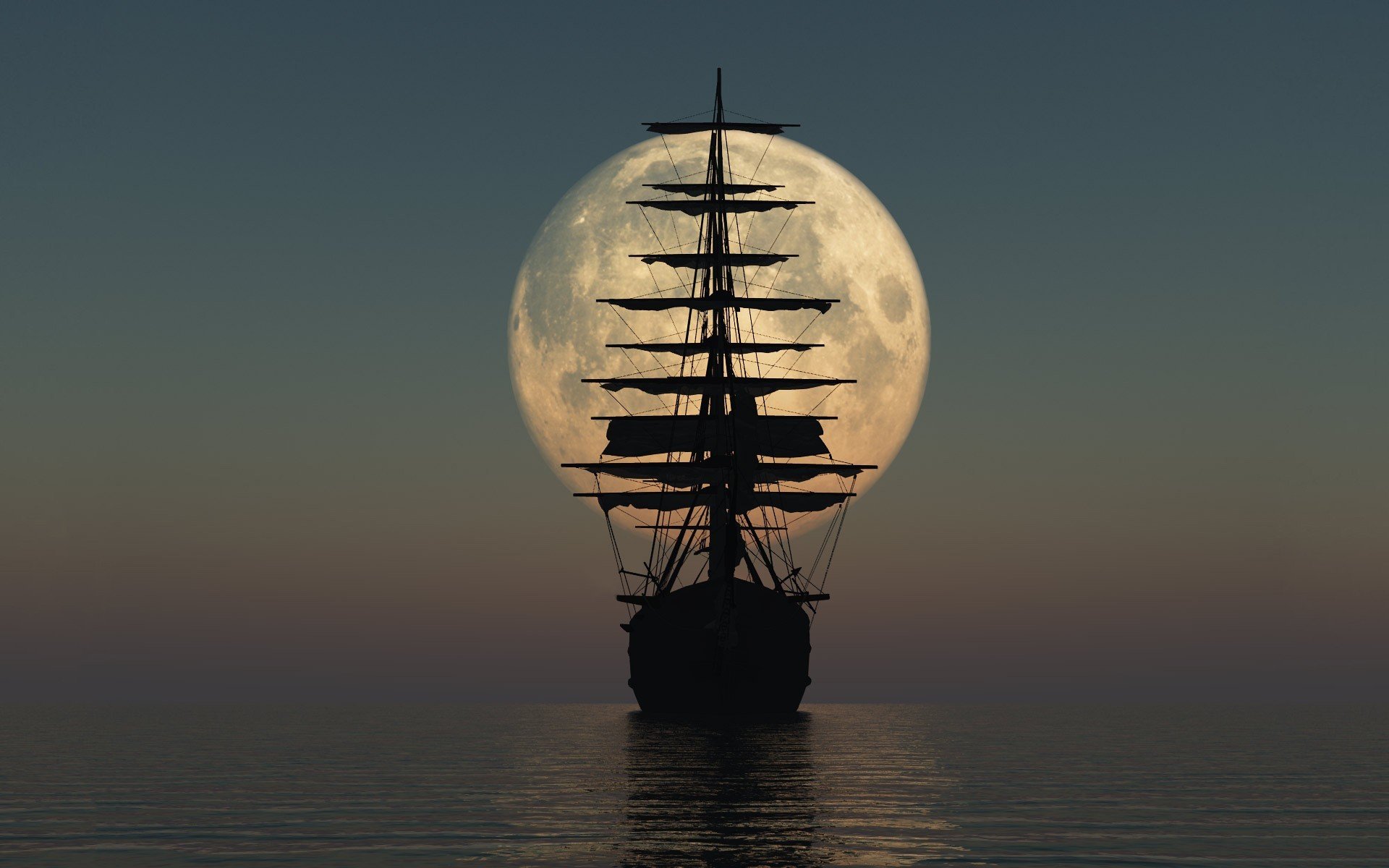 ship, Moon, Horizon Wallpaper