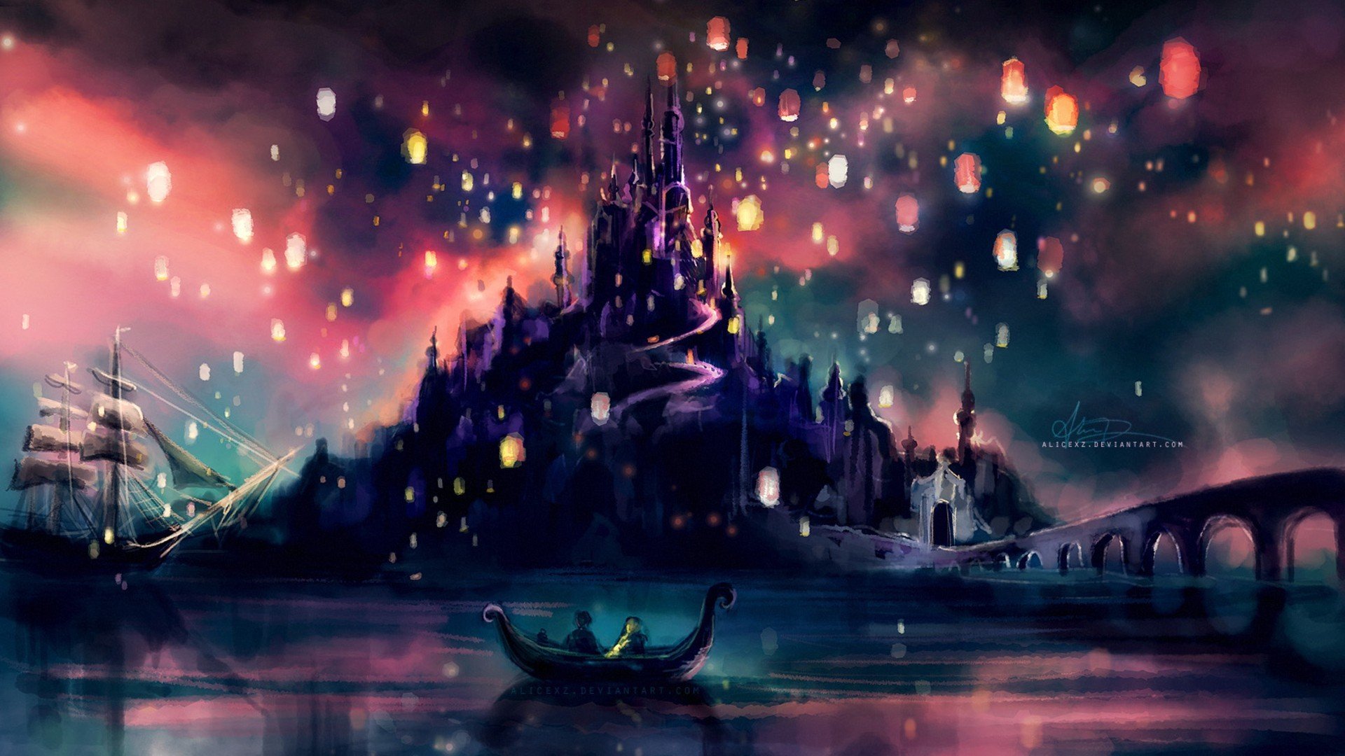 alicexz, Sky lanterns, Tangled, Castle, Boat, Walt Disney Wallpapers HD / D...