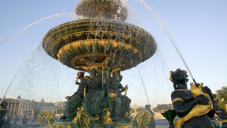 fountain, Water, Splashes, Statue, Fish, Gold, Paris, France HD Wallpaper Desktop Background