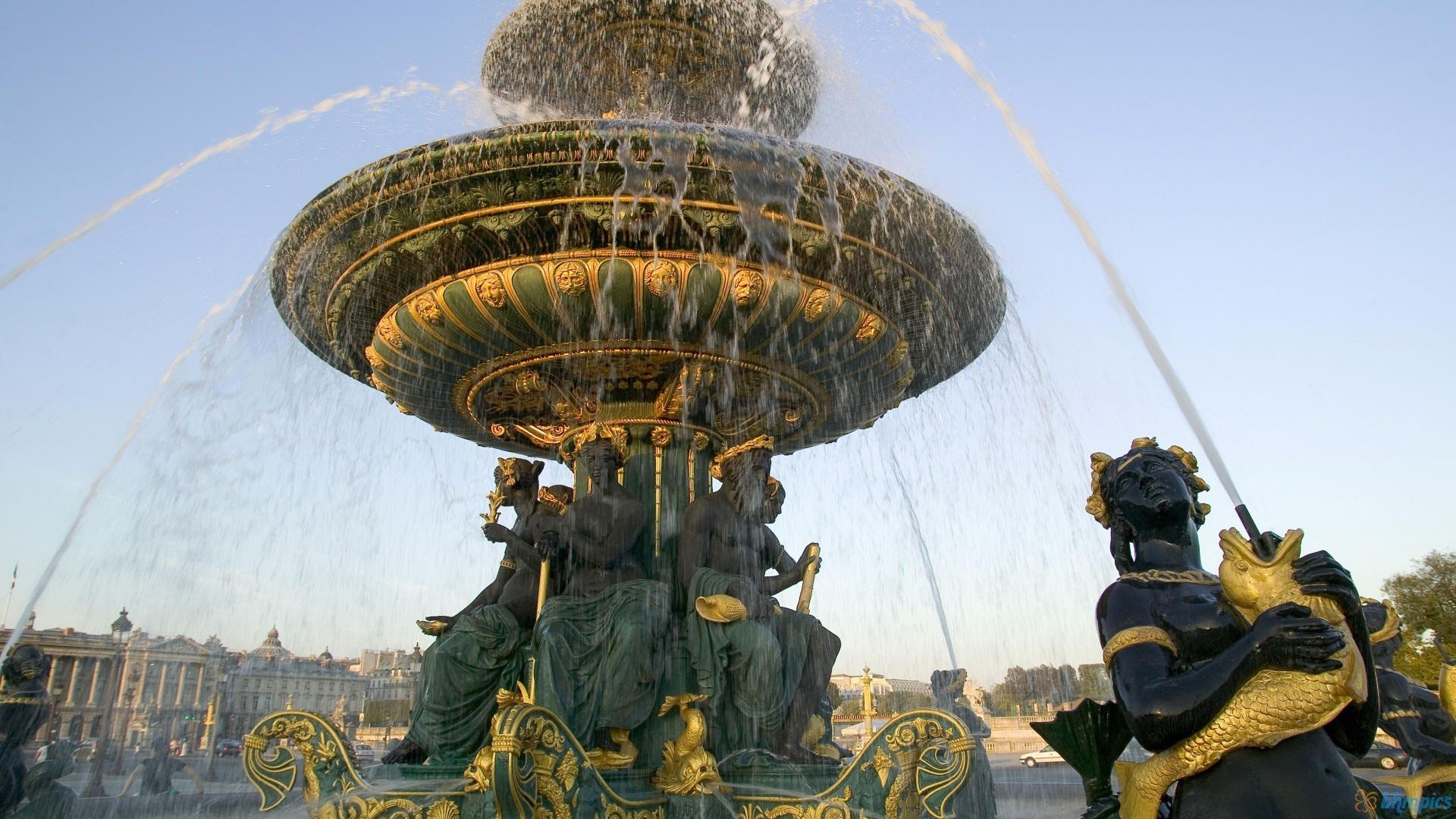fountain, Water, Splashes, Statue, Fish, Gold, Paris, France Wallpapers