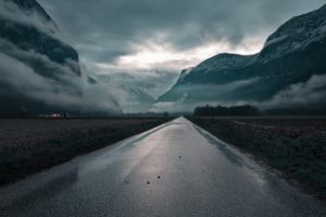 road, Mist, Mountains