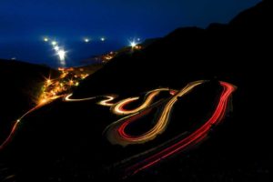 hairpin turns, Road, Night, Light trails