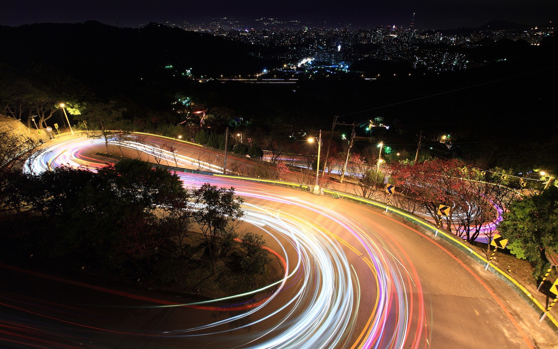 long exposure, Road, Hairpin turns, Night, Light trails Wallpaper