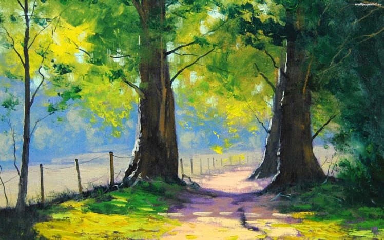 Graham Gercken, Painting, Trees, Fence HD Wallpaper Desktop Background