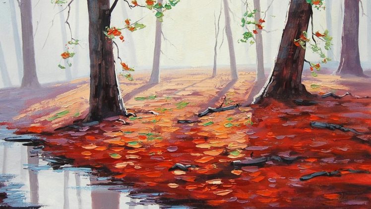 Graham Gercken, Painting, Fall, Puddle, Leaves, Trees HD Wallpaper Desktop Background