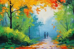 Graham Gercken, Painting, Fall, Trees, Park, Street light, Path