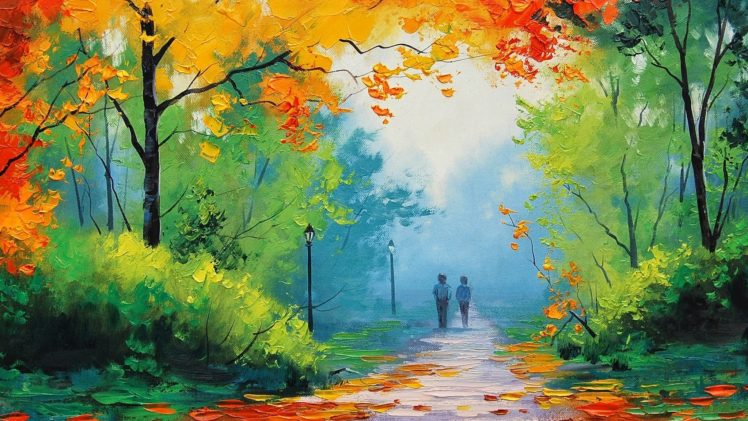 Graham Gercken, Painting, Fall, Trees, Park, Street light, Path HD Wallpaper Desktop Background