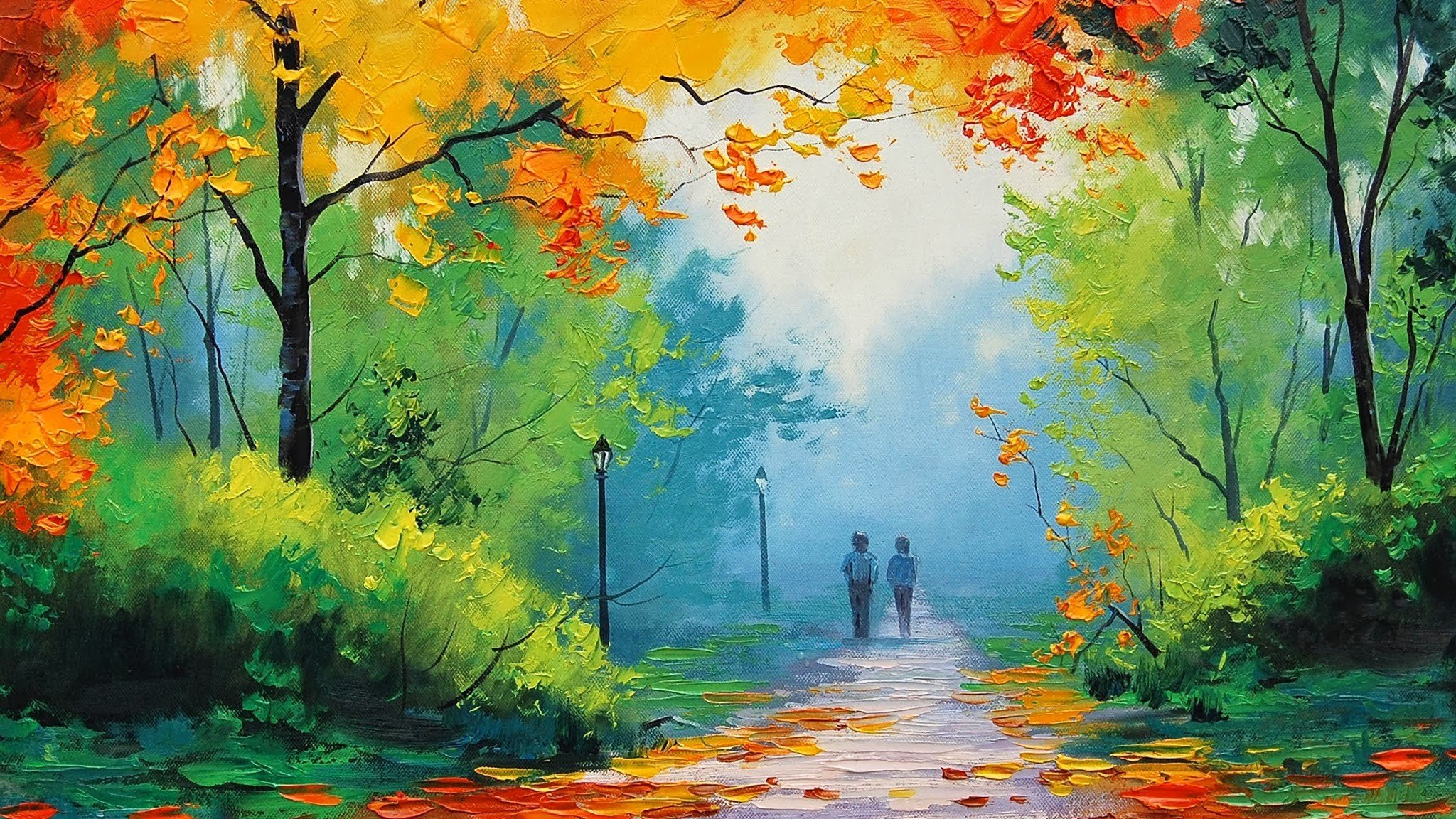 Graham Gercken, Painting, Fall, Trees, Park, Street light, Path Wallpaper