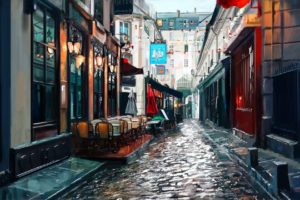 street, Painting, Cobblestone, Paris, Lantern, Chair, Umbrella