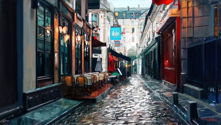 street, Painting, Cobblestone, Paris, Lantern, Chair, Umbrella HD Wallpaper Desktop Background
