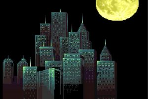 pixels, Pixel art, Cityscape, Building, Skyscraper, Moon, Black background