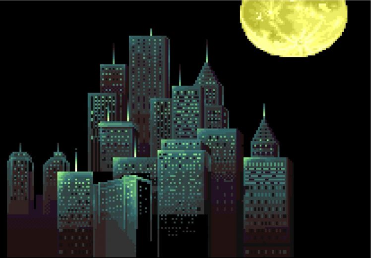 pixels, Pixel art, Cityscape, Building, Skyscraper, Moon, Black background HD Wallpaper Desktop Background
