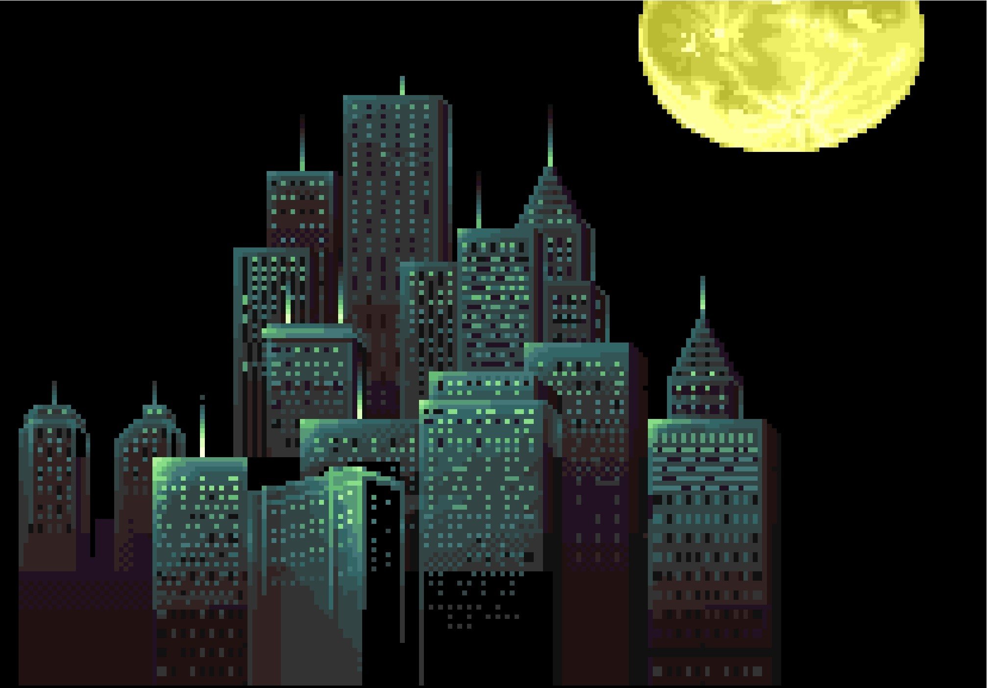 pixels, Pixel art, Cityscape, Building, Skyscraper, Moon, Black background Wallpaper