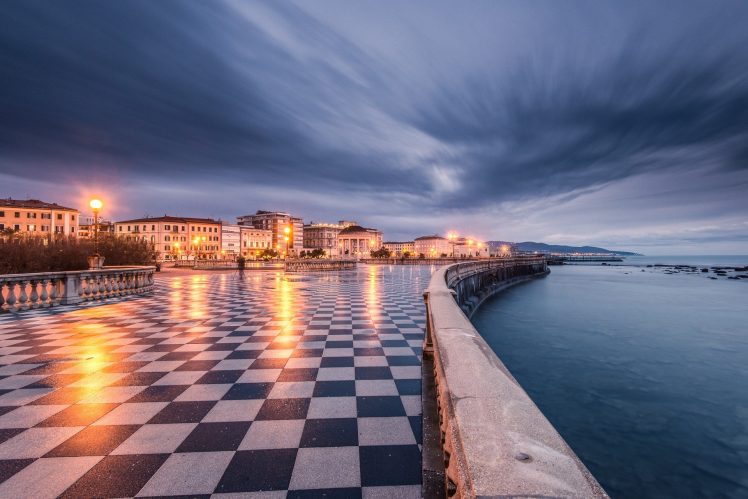 cityscape, Architecture, Town square, Europe, Italy, Livorno, Terraces, Checkered, Evening, Long exposure HD Wallpaper Desktop Background
