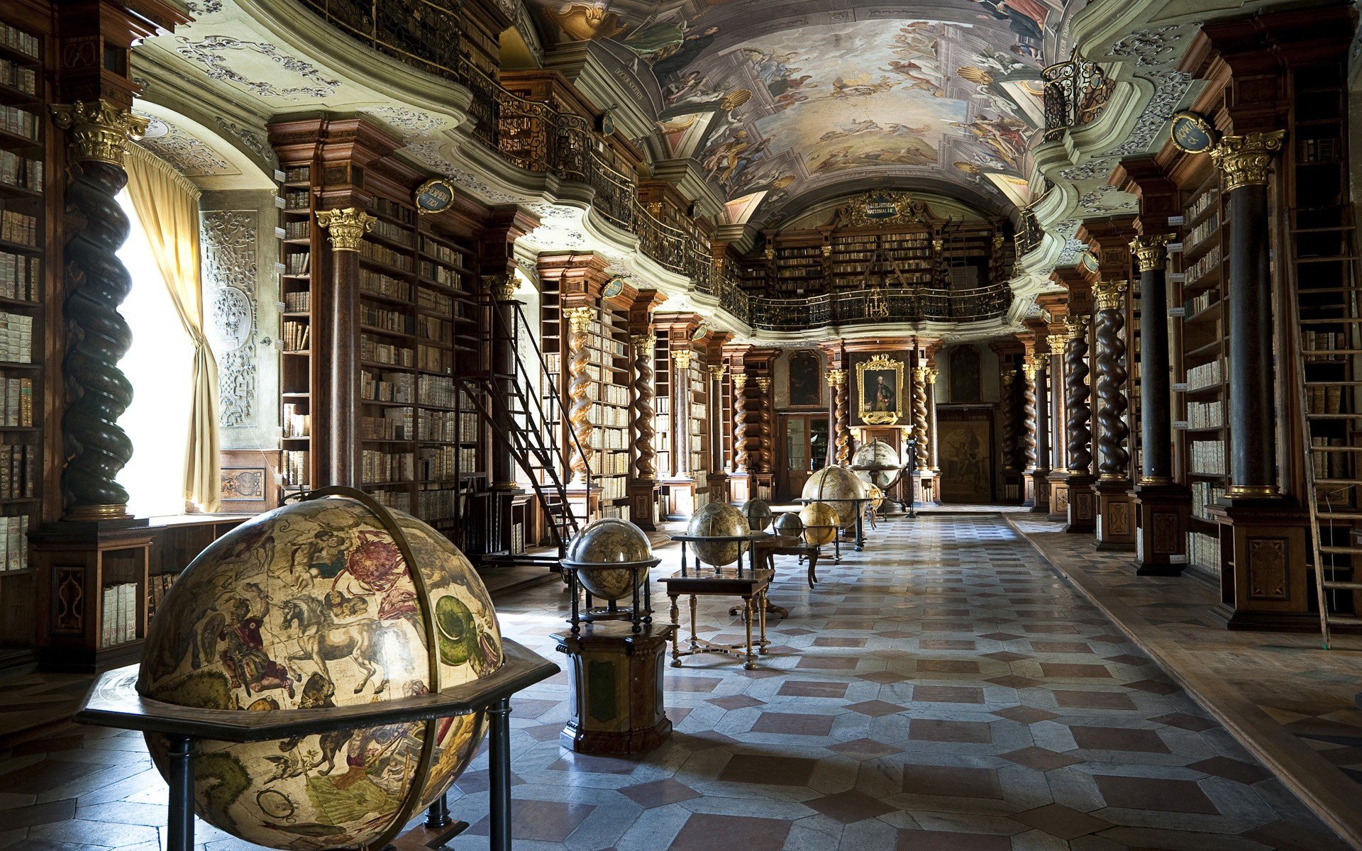 books, Library, Globes, Tiles, Shelves, Architecture, Interiors, Window, Sunlight, Pillar, Prague, Czech Republic, Klementinum Wallpaper