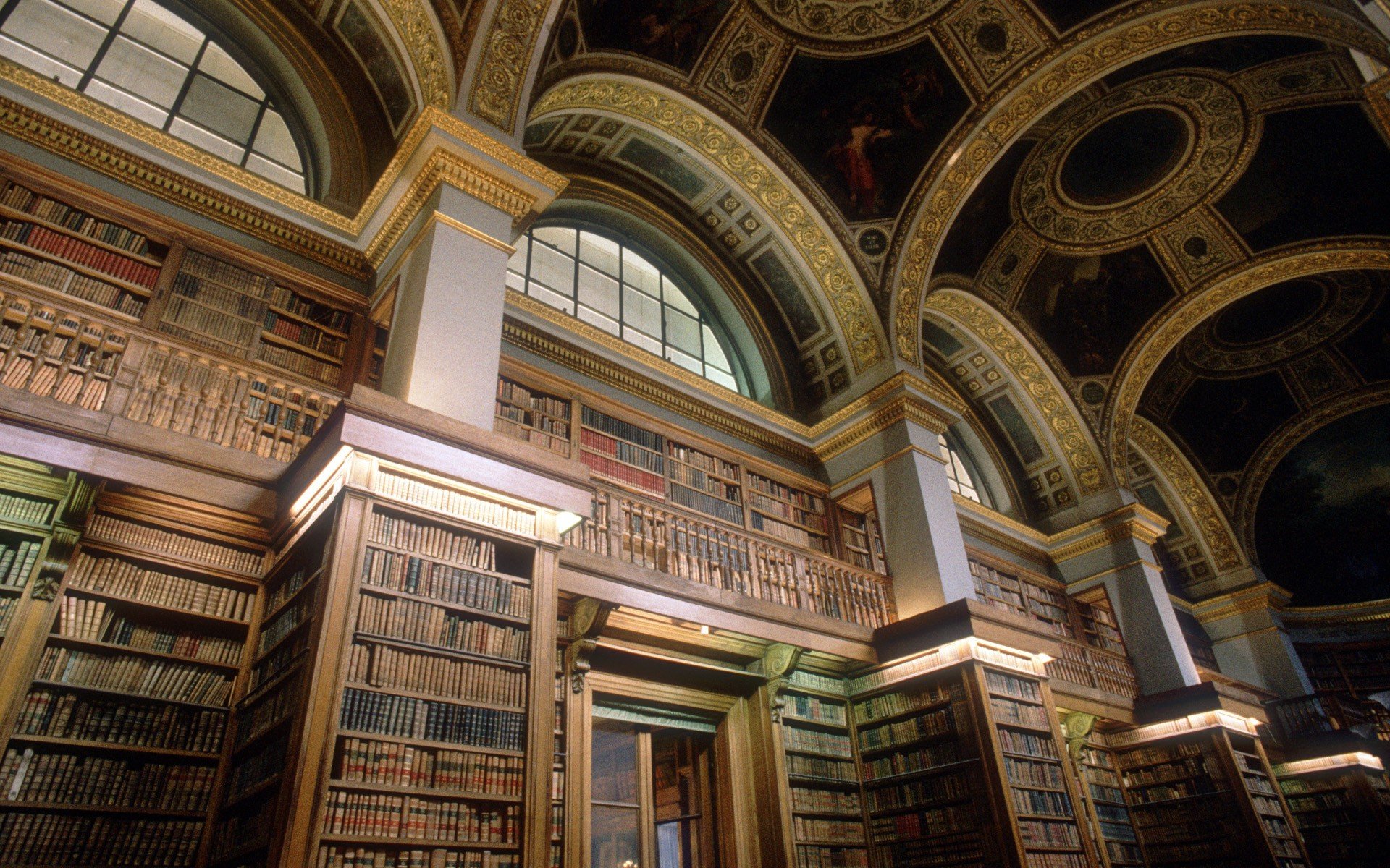 books, Library, Shelves, Arch, Interiors, Pillar, Paris, France Wallpaper