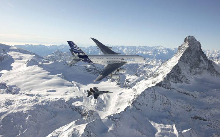 Airbus, A380, FA 18 Hornet, Matterhorn HD Wallpaper Desktop Background