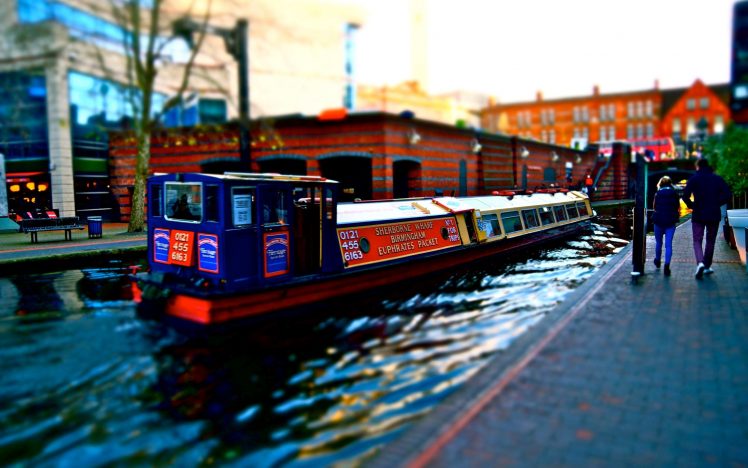tilt shift, Canal, Boat, UK, Birmingham, Filter, City HD Wallpaper Desktop Background