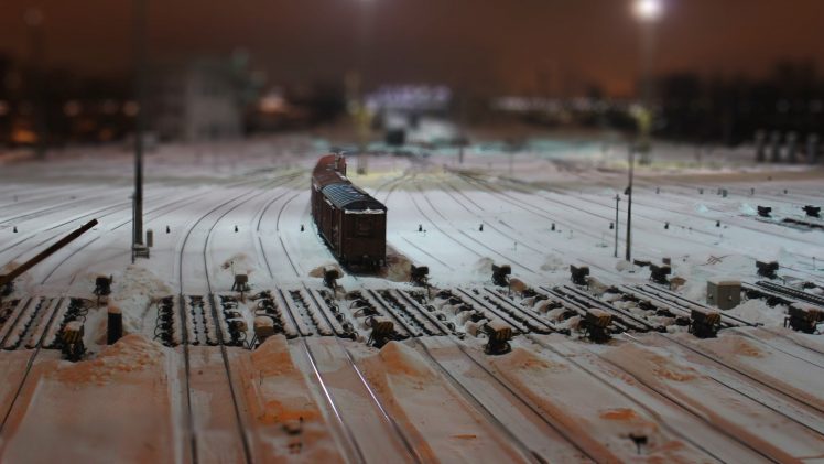 tilt shift, Railway, Train, Snow, Rail yard HD Wallpaper Desktop Background
