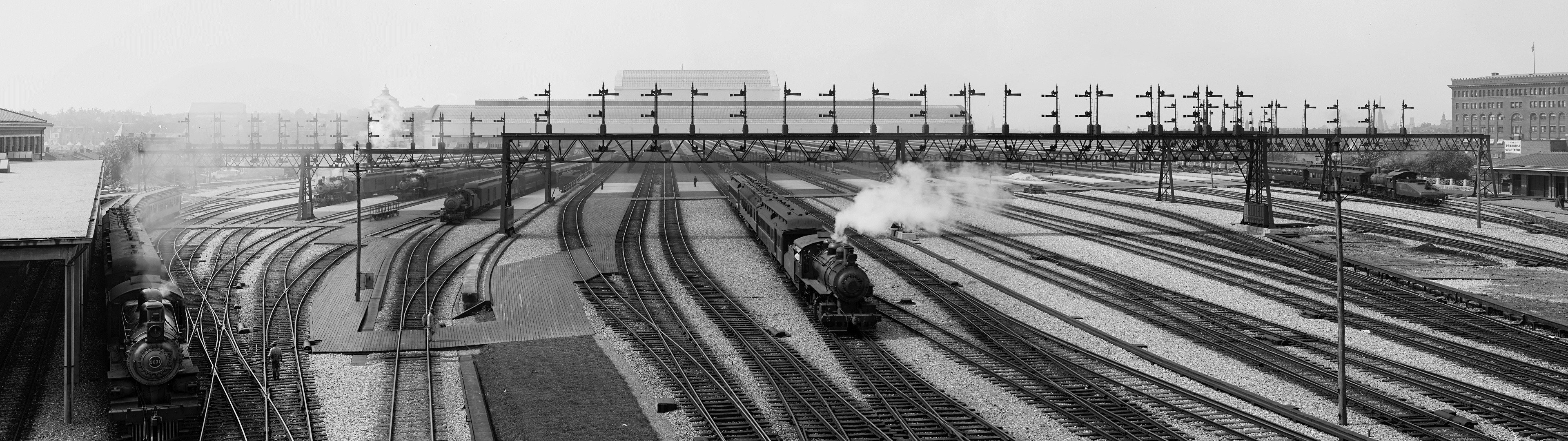 train, Steam locomotive, Rail yard, Railway, Multiple display Wallpaper