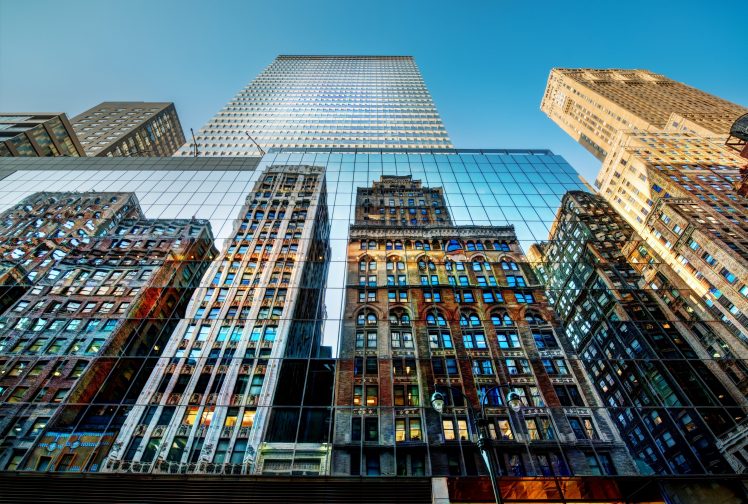 skyscraper, City, Reflection, Worms eye view, Cityscape, New York City, HDR, Architecture HD Wallpaper Desktop Background