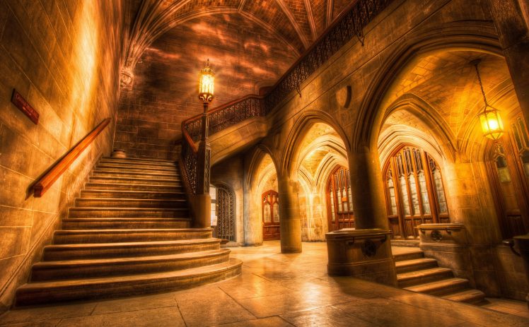architecture, Interiors, Staircase, HDR, Columns, Chicago, Universities, Arch, Lights, Walls, History, Bricks, Old building, USA HD Wallpaper Desktop Background