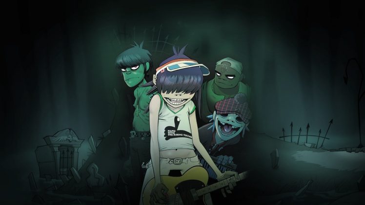 Gorillaz, Murdoc Niccals, Russel Hobbs, Noodle, 2 D, Graveyards, Jamie Hewlett HD Wallpaper Desktop Background