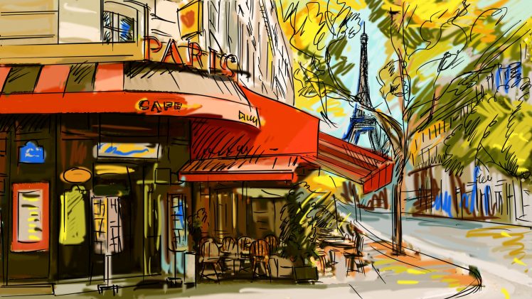 sketches, Cafes, Paris, Eiffel Tower HD Wallpaper Desktop Background
