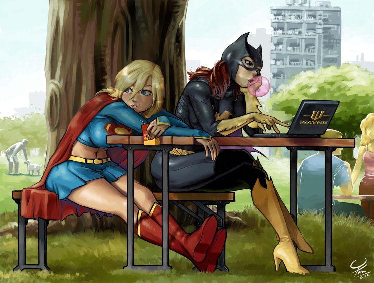 Supergirl, Batgirl, Laptop, Trees, Chair, Bubble gum, National park HD Wallpaper Desktop Background