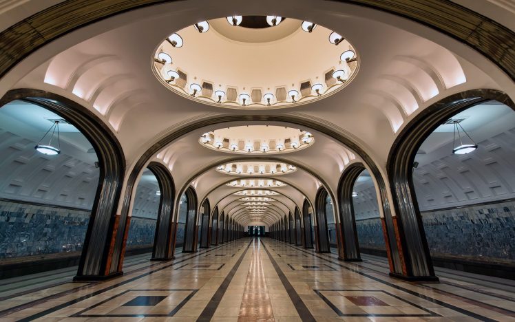 architecture, Russia, Metro, Train station, Arch, Tiles, Lights, Symmetry, Circle, Moscow HD Wallpaper Desktop Background