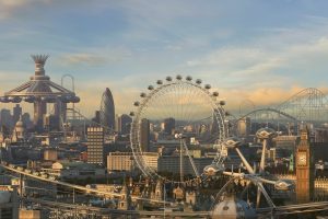 futuristic, London, City, Concept art, London Eye, Big Ben, Rollercoasters