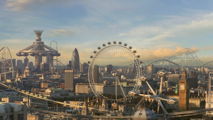 futuristic, London, City, Concept art, London Eye, Big Ben, Rollercoasters HD Wallpaper Desktop Background