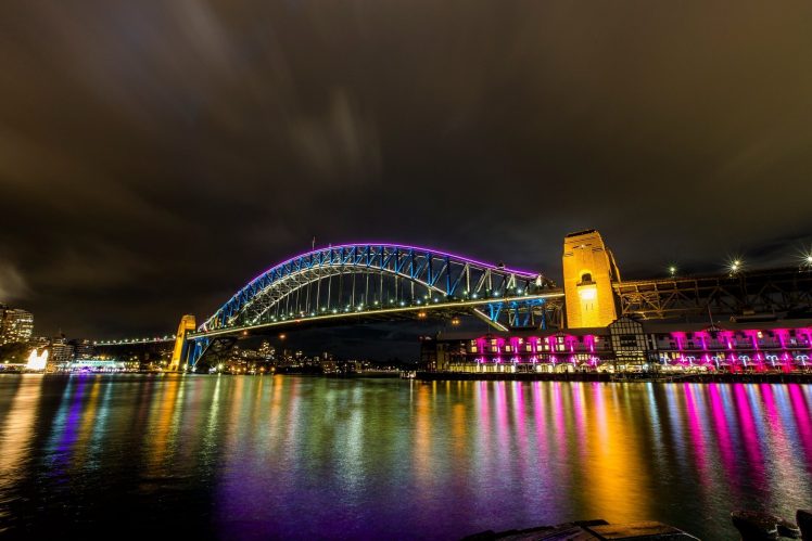 bridge, Lights, Reflection, Night, City, Sydney, Australia, Water HD Wallpaper Desktop Background