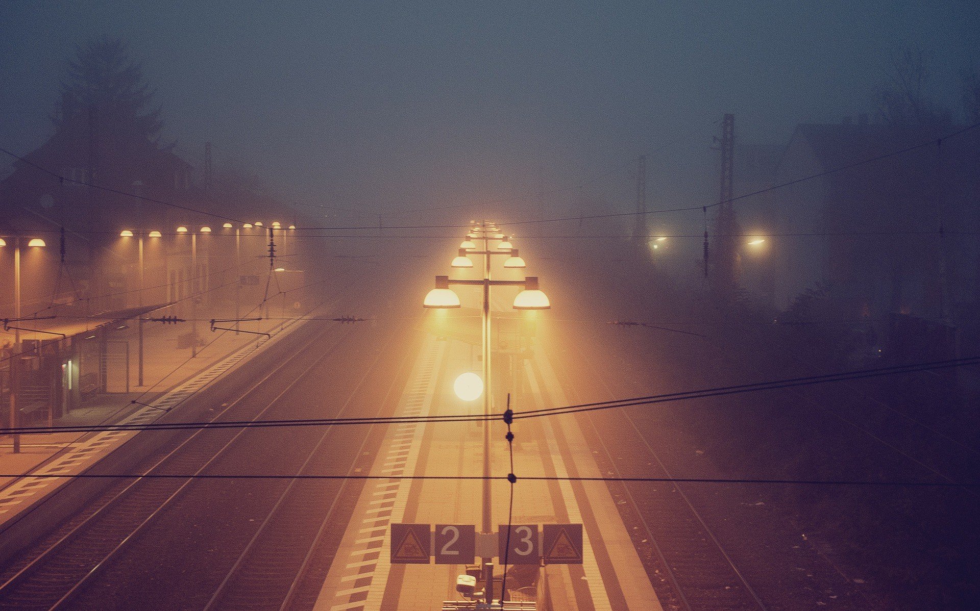 train station, Night, Mist, Warm colors, Fall Wallpaper