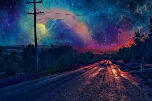 nebula, Night, Stars, Road