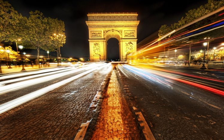 Paris, Light trails, Arc de Triomphe, Road, Long exposure HD Wallpaper Desktop Background