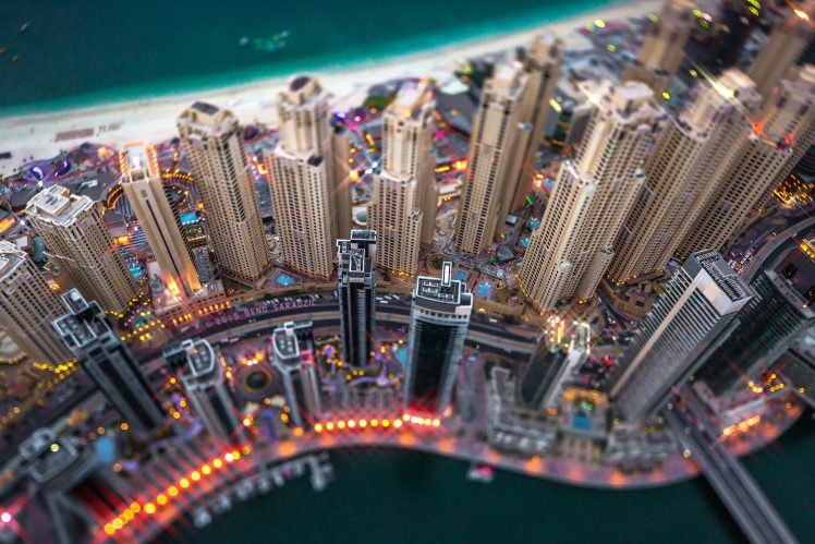 tilt shift, Cityscape, Dubai, United Arab Emirates, Skyscraper, Lights HD Wallpaper Desktop Background