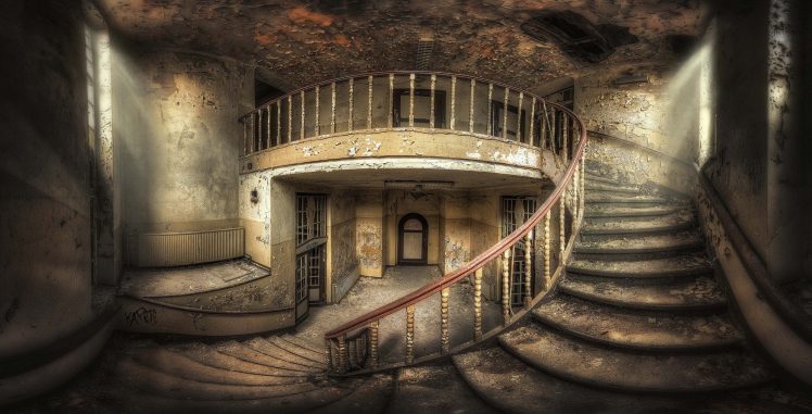 architecture, Interiors, Staircase, Stairs, Handrail, Door, Abandoned, Sunlight, HDR, Fisheye lens HD Wallpaper Desktop Background