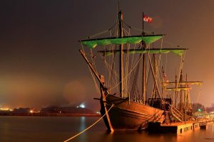 dock, Ship, Water, Night, Long exposure, Lights, Sailing ship, Flag, Ports, USA