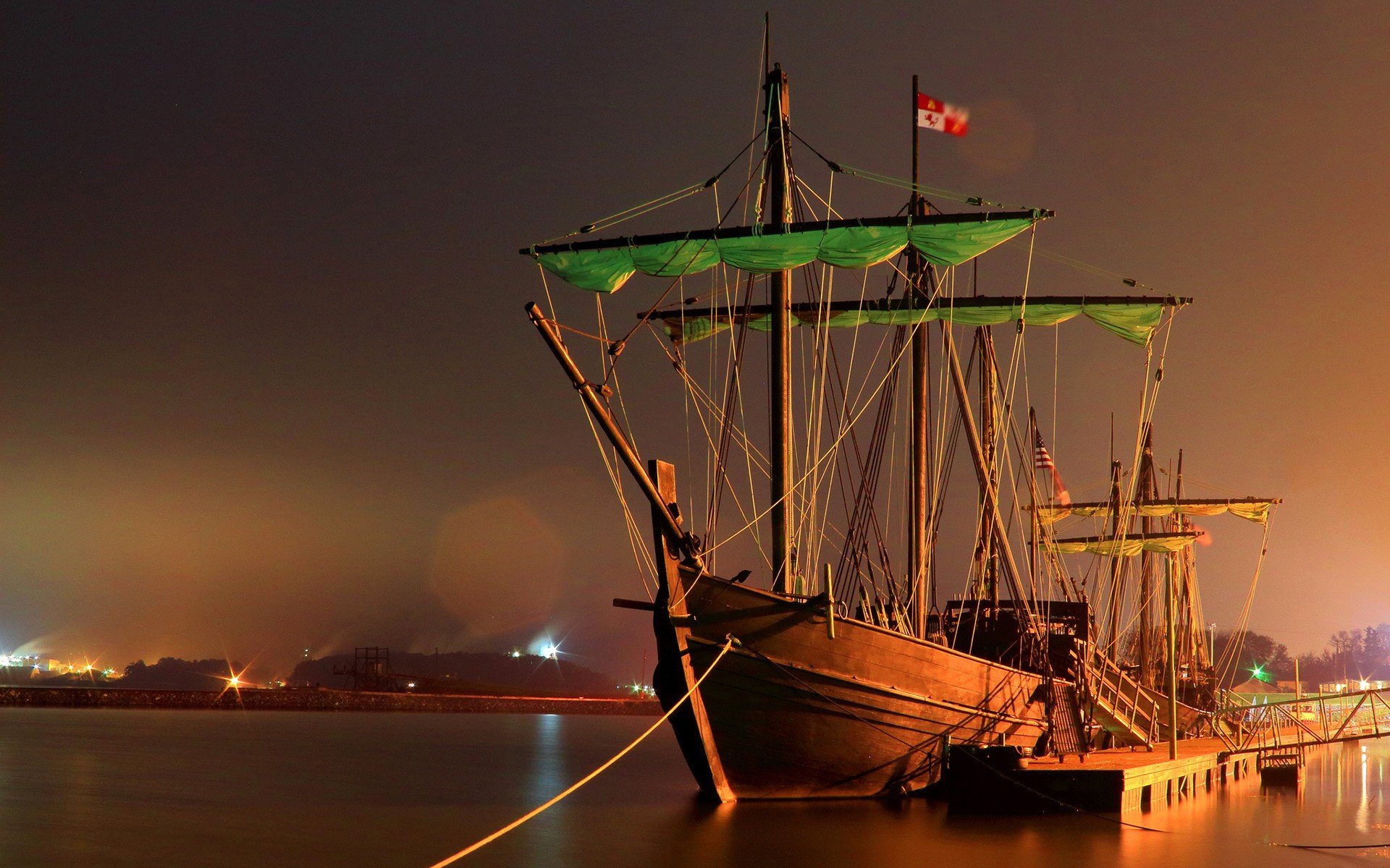 dock, Ship, Water, Night, Long exposure, Lights, Sailing ship, Flag, Ports, USA Wallpaper