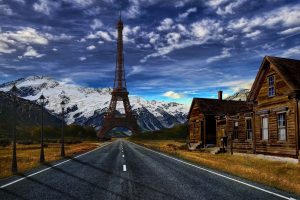 desert, Road, Mountain, Eiffel Tower, Photo manipulation, Photoshopped
