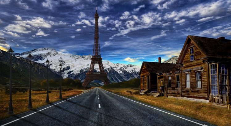 desert, Road, Mountain, Eiffel Tower, Photo manipulation, Photoshopped HD Wallpaper Desktop Background