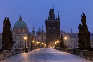 cityscape, Architecture, Old building, Prague, Czech Republic, Evening, Street light, Bridge, Gates, Sculpture, Cathedral, Church, Tower