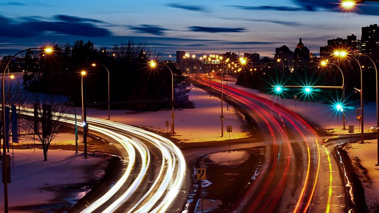 cityscape, Long exposure, Road, Light trails, Street light, Canada HD Wallpaper Desktop Background