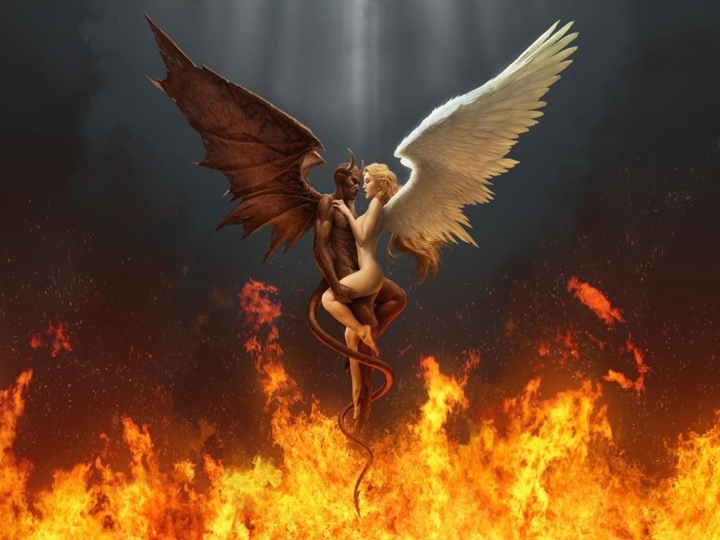 demon, Angel, Wings, Fire Wallpaper